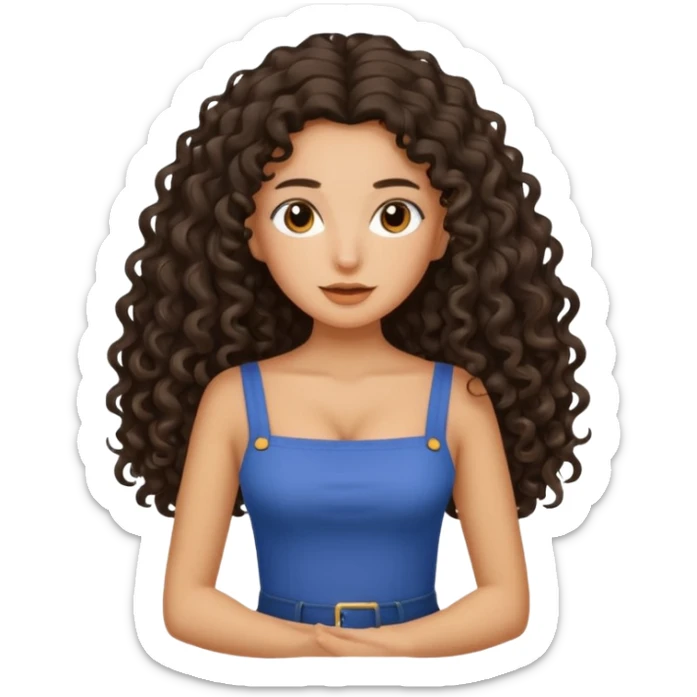 A tan girl with SUPER long dark curly hair and a square neckline shirt sticker
