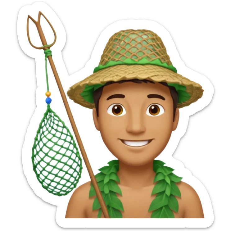 Hawaiian man with leaf hat and big fishing net and colorful cloth sticker
