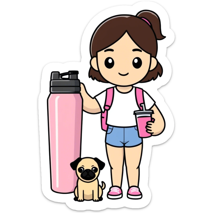 brunette cool girlie with her pink Stanley water tumbler and a cute pug sticker