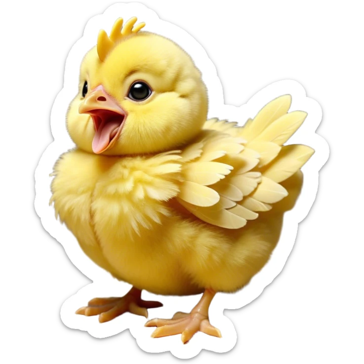 Cinematic Cute Yawning Yellow Baby Chicken Portrait Emoji, Head tilted slightly with a dramatic, wide-open yawn, showcasing a soft, downy yellow coat with little drooping wings, round beady eyes barely open in drowsy contentment, Simplified yet irresistibly adorable features, highly detailed, glowing with a soft, cozy glow, high shine, relaxed yet expressive, stylized with a touch of whimsical charm, bright and endearing, soft glowing outline, capturing the essence of a sleepy yet affectionate chick, so drowsy it feels like it could stretch out of the screen and curl up for a nap! sticker