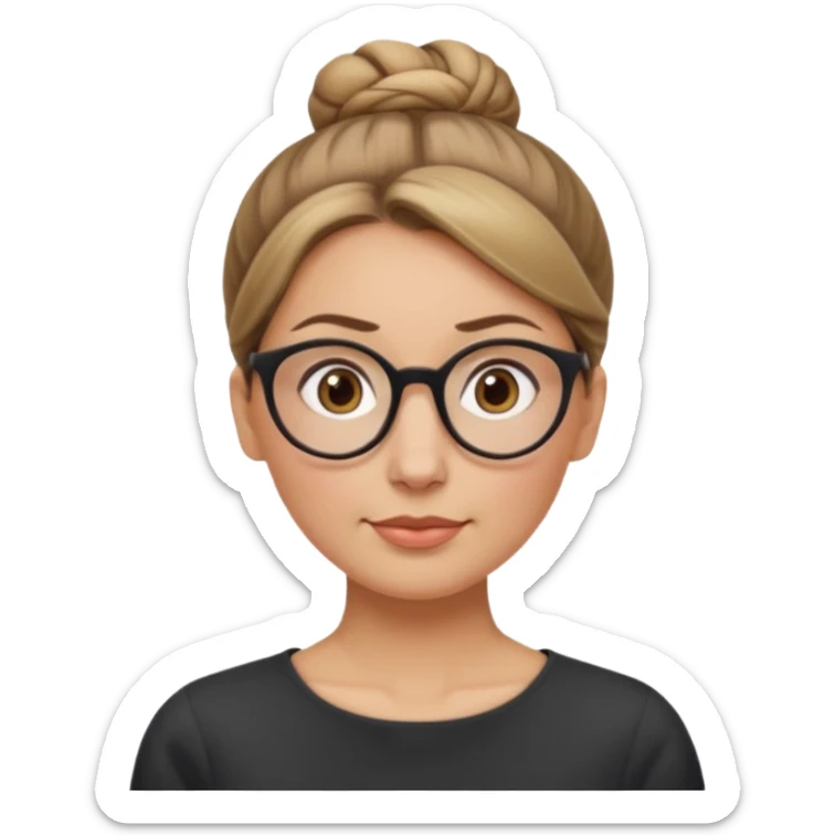 femme de 38 ans avec des cheveux tirés vers l'arrière blond foncé sans mèche devant, un chignon haut, yeux bruns, lunettes rondes, visage ovale sticker