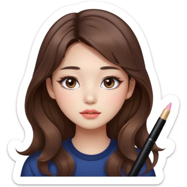 “korean straight brown hair Emoji girl, soft eyeliner and blush, gradient lips, light brown shimmer eyeshadow, long wavy hair,  sticker