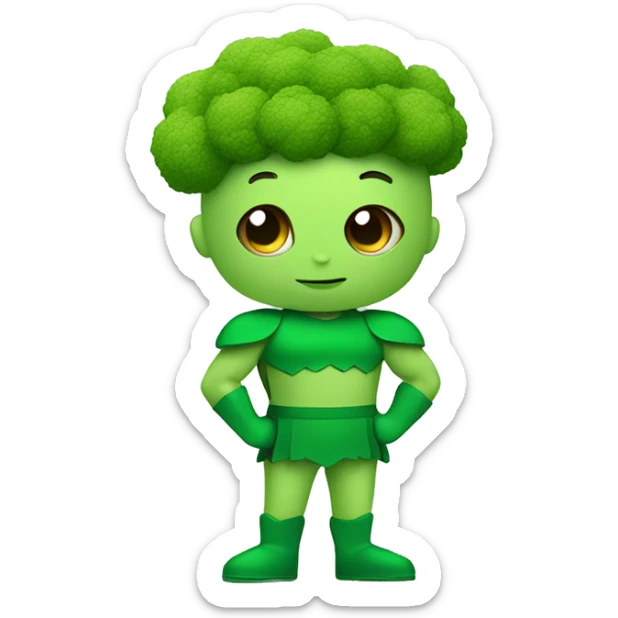 kawaii cute funny mini superhero with green clothes and a broccolis as hair,  full body saying hello sticker