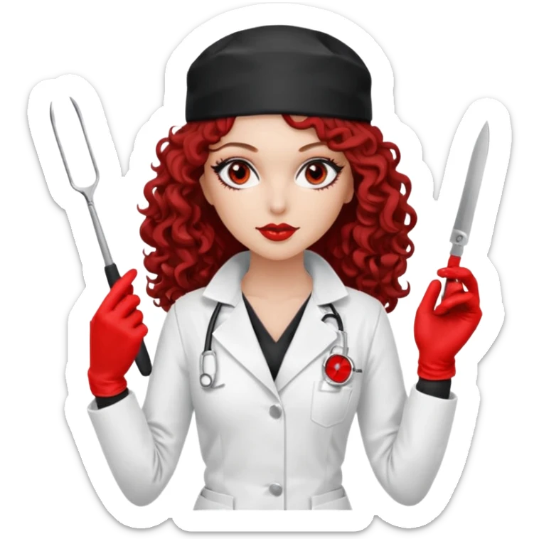 


Scary woman scalpel in hand, evil surgeon sexy surgeon clothes.  She has redcolored  eyes. Her  hair only is free ne brown long curly hair. Wears sexy doctor outfit with red gloves. make her wear full ski mask yo mask and nose mouth mask  to hide. Wears white surgeon coat, wears  stilettos sticker