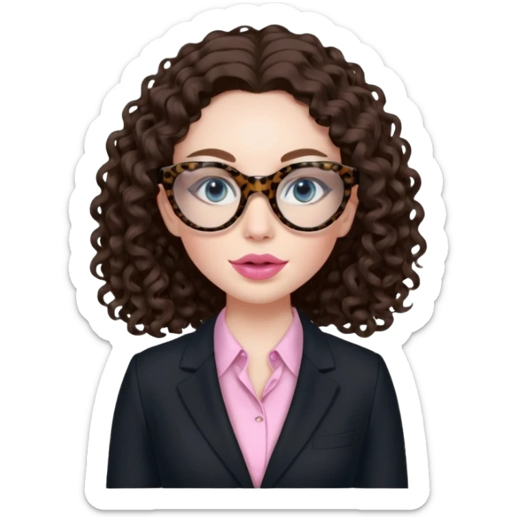 A girl with white pale skin, blue eyes, full lips, brunette long curly hair. She has a leopard print round-ish shaped glasses. She is wearing a all black suit with light pink blouse inside the suit. She is making a self care face mask  sticker