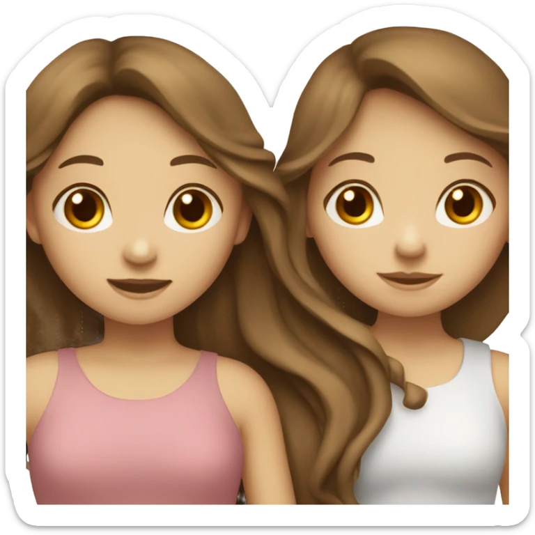 Two girls with white skin hugging. one has long wavy brown hair and the other has long straight brown hair with bangs. sticker