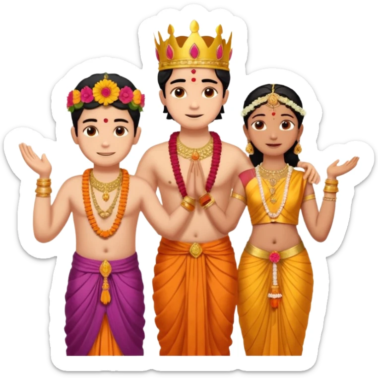 Brahmin boy is thanking to the bharatanatyam dancer. Only the girl is in lordess padmavati with golden crown and giant flower garland on her neck. The boy is a normal helper. The girl is fat and tall the boy is small. sticker