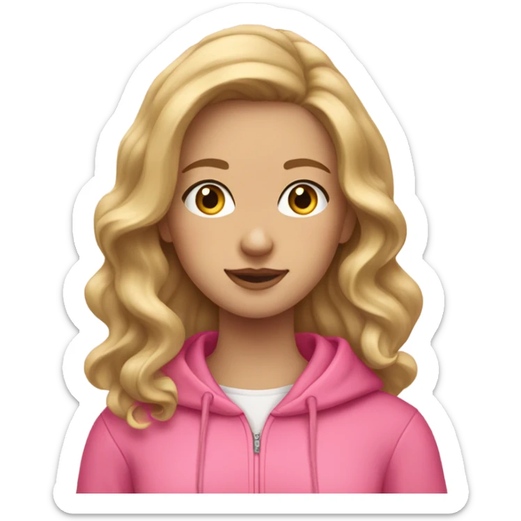 Preppy girl with wavy dirty blonde hair, eyelashes, and a pink hoodie sticker