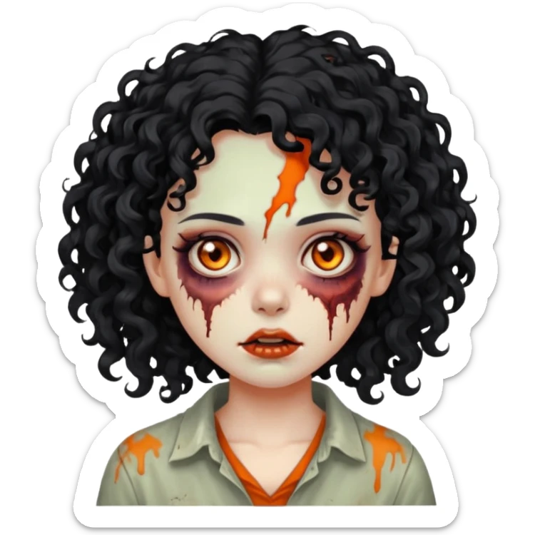 Faça uma garota zumbi de cabelo cacheado preto e uma mecha descolorida meio alaranjada do lado esquerdo sticker