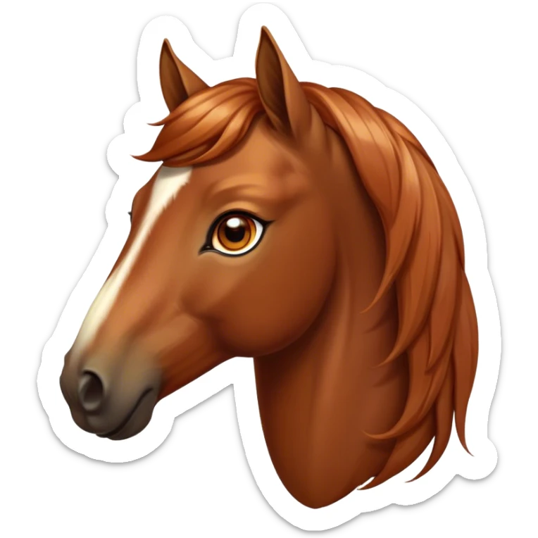 Cinematic Elegant Chestnut Horse Portrait Emoji, Head held high with a serene, graceful gaze, showcasing a magnificent chestnut fur with a radiant shimmer, flowing mane and tail, and luminous amber eyes that exude beauty and grace, Simplified yet majestically refined features, highly detailed, glowing with a soft, ethereal light, high shine, poised and breathtaking, stylized with an air of pure elegance, capturing the essence of a stunning and graceful steed, so beautiful it feels like it could gallop out of the screen with effortless charm! sticker