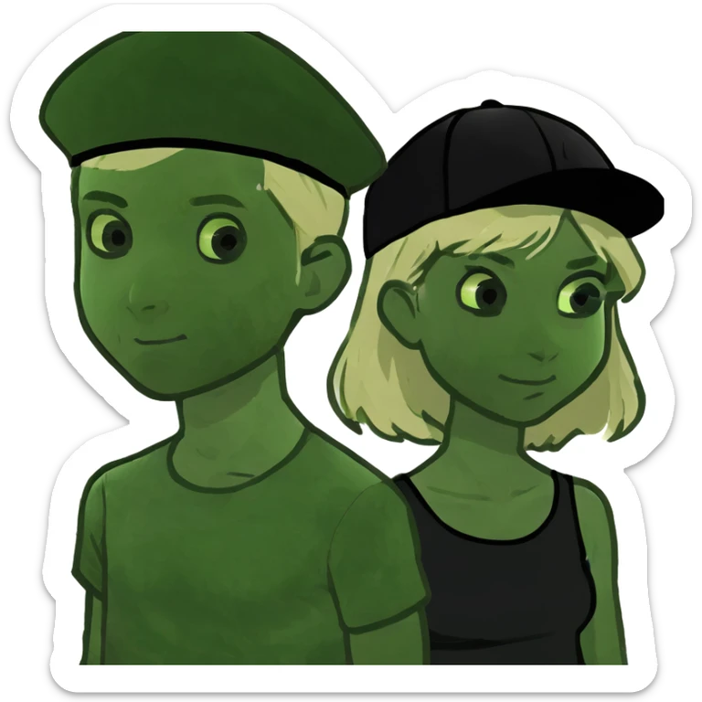 Girl with blonde hair and green eyes and a boy with black hair and green eyes sticker