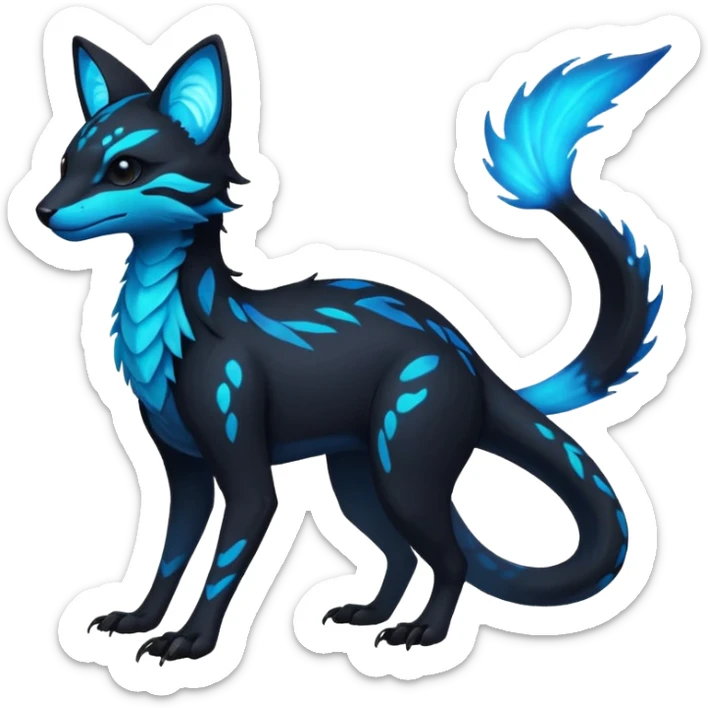 Rare realistic dark black with glowing blue bioluminescent edgy badass epic pretty beautiful handsome gorgeous aesthetic colorful vibrant Vernid-Trico-species-Fakemon-creature by LiLaiRa, 4 legs, 1 tail, random markings, (full body) sticker