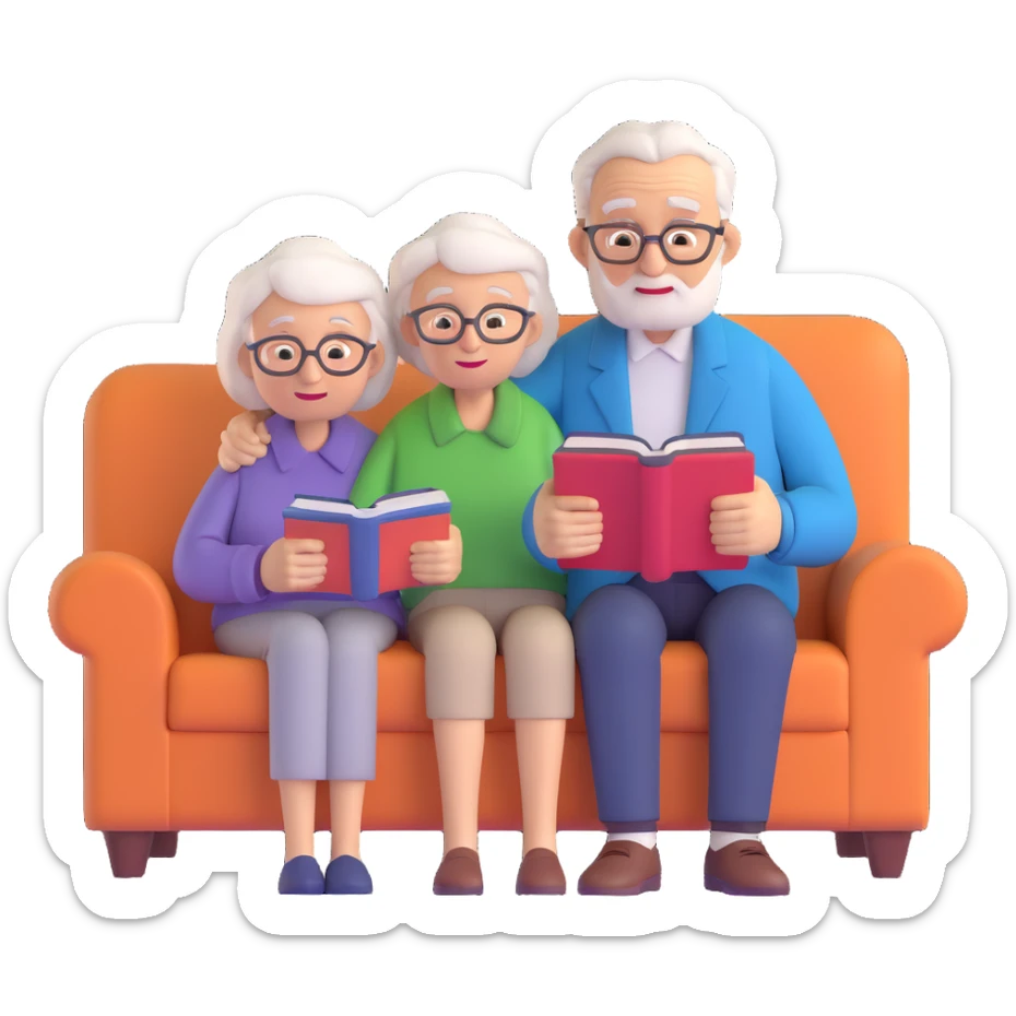 An elderly man combing the hair of an elderly woman sitting on a sofa reading a book sticker