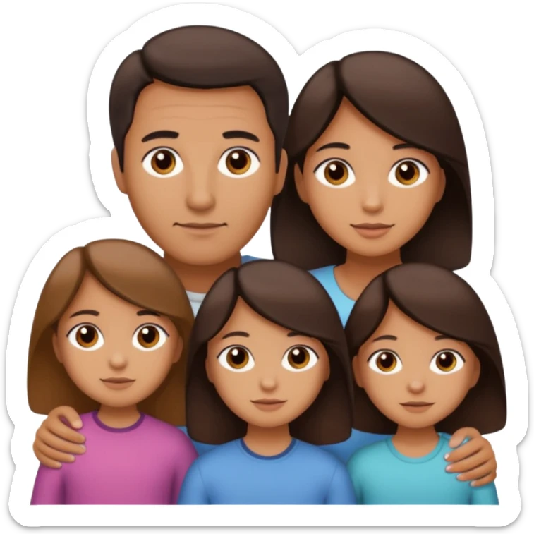 Family portrait with father with dark brown hair and black eyes, mother with light brown hair and brown eyes, three brown little girls with brown eyes sticker