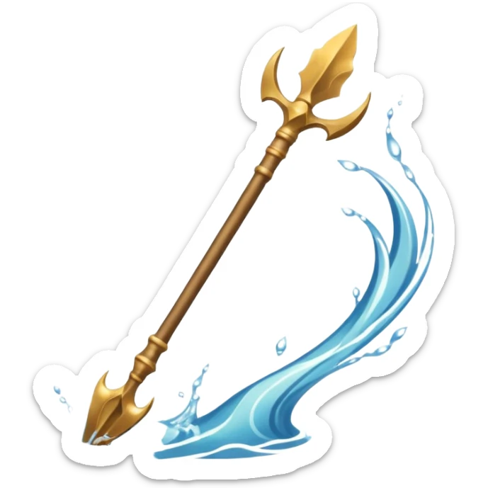 Golden three-pronged spear, water swirling around it, symbol of the sea. sticker
