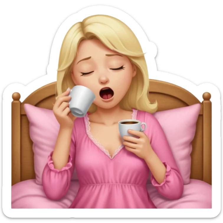 A blonde woman in a pink nightgown yawns, looking sleepy with dark circles under her eyes, drinking coffee, looking like she just woke up sticker