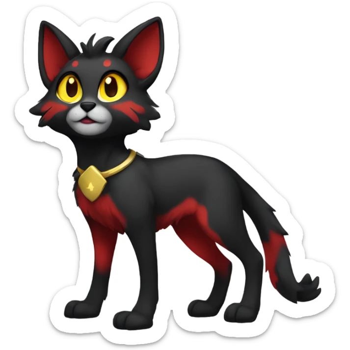 black Shiny Fionbri-Falvie-sparkle-sona with yellow eyes, red edgy markings full body fursona sticker