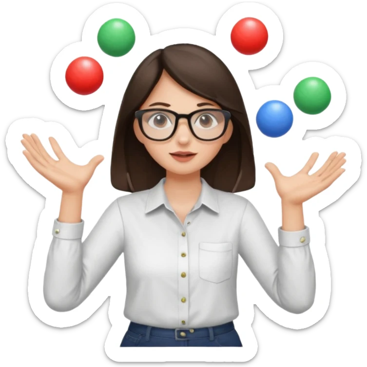 a brunette girl in a shirt and glasses  juggling  with two hands  sticker