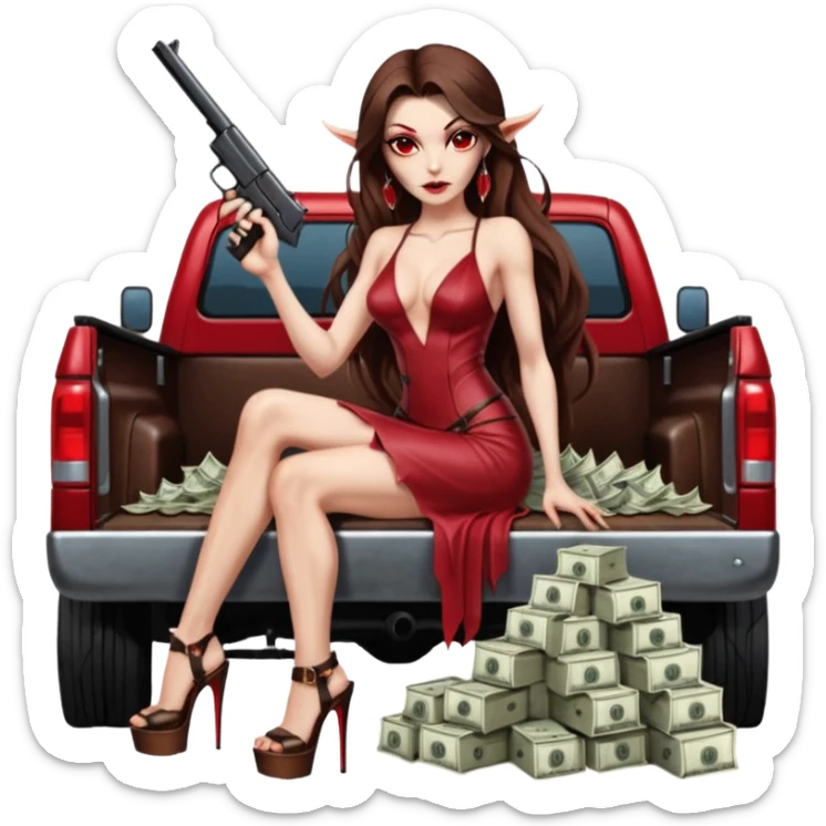 Lilith symbol red eye seductress evil long brown haired sexy succubus woman with leather long dress with slit on, sitting in Big Large F350 pickup truck. Platform long high heels on feet. Back seat full of stacks of cash, she is  Holding a man dead human skull of her enemies and a gun in other hand sticker