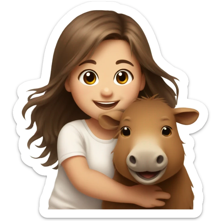 happy baby white girl with long brown hair kind of messy hair, smiling next to capybara sticker