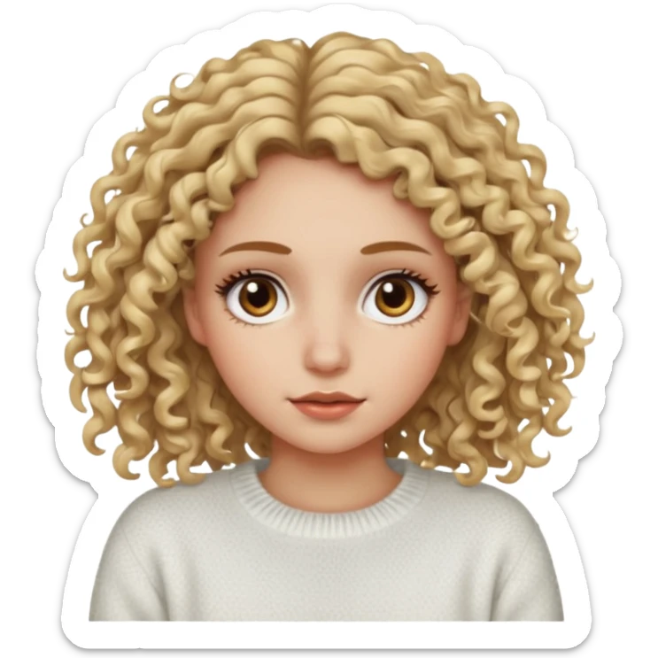 a dirty blonde girl with brown eyes and make her wearing a white sweater with curly hair and white skin color long har and big lashes sticker