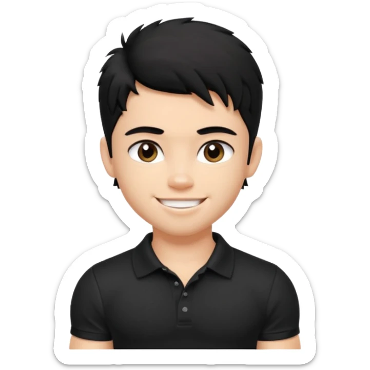 a pretty bratz fair lean muscles boy with a black polo shirt on. shaggy black hair. smiling sticker