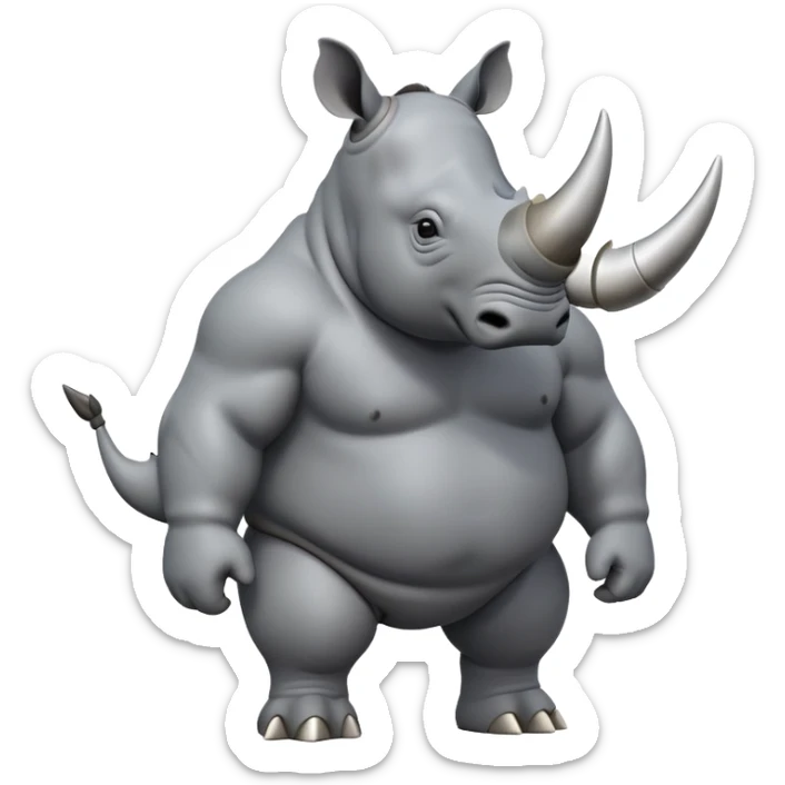 cinematic-rhino-full-body-standing-emoji,slate grey skin -massive-body-poised-powerfully,-thick-horn-curving-slightly-forward,-head-tilted-dramatically,-rough-grey-hide-covered-in-dust,-simplified-focused-features, sticker