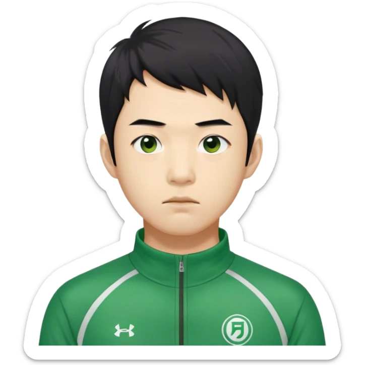Seong Gi-hun : age 60, skinny and bony face, small mouth, unkempt black hair, Green player tracksuit. sticker