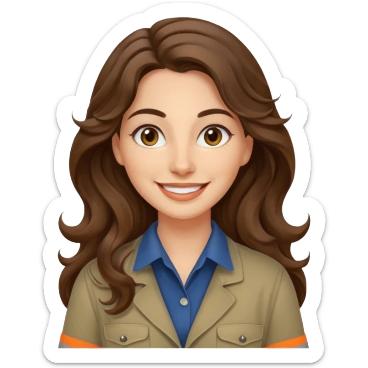 30 yr old italian woman, long brown wavy hair, big brown eyes, huge smile, work clothes, no bangs,  sticker