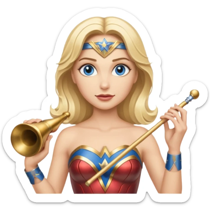 Blonde blue eyed Wonder Woman holding white orchestra conductor’s baton and bell sticker