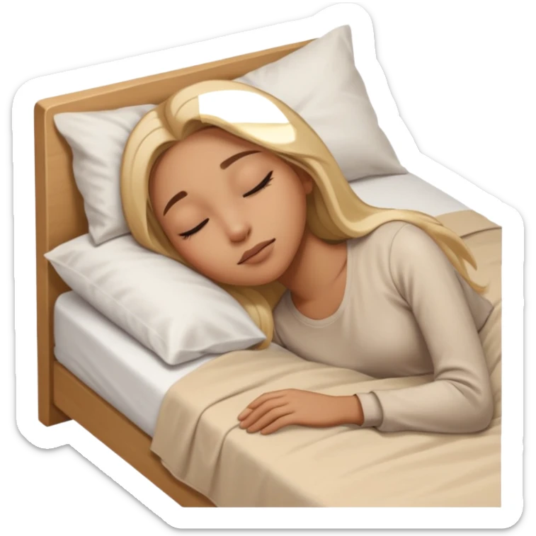 Mujer color de piel moreno claro, con cabello rubio largo, lacio y suelto, ojos negros, durmiendo con sábanas blancas, edredones beige, tomado desde un lado de la cama sticker