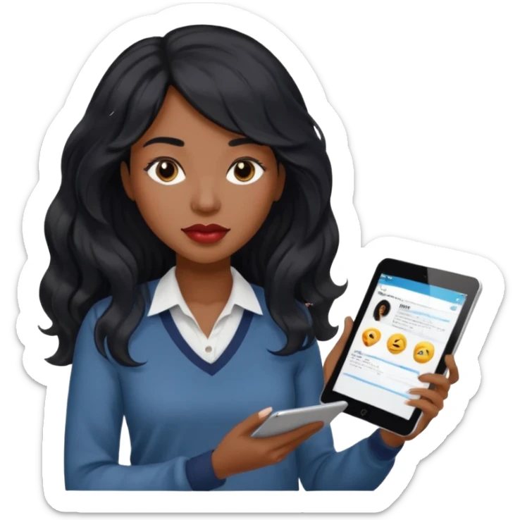 A young woman with long black hair, a wavy frange falling on half of her head.  She's black, medium to dark skinned with thick lips. She's holding something that let's us know she's the CEO of a creative agency, but she's wearing casual clothes. she has long eyelashes. sticker
