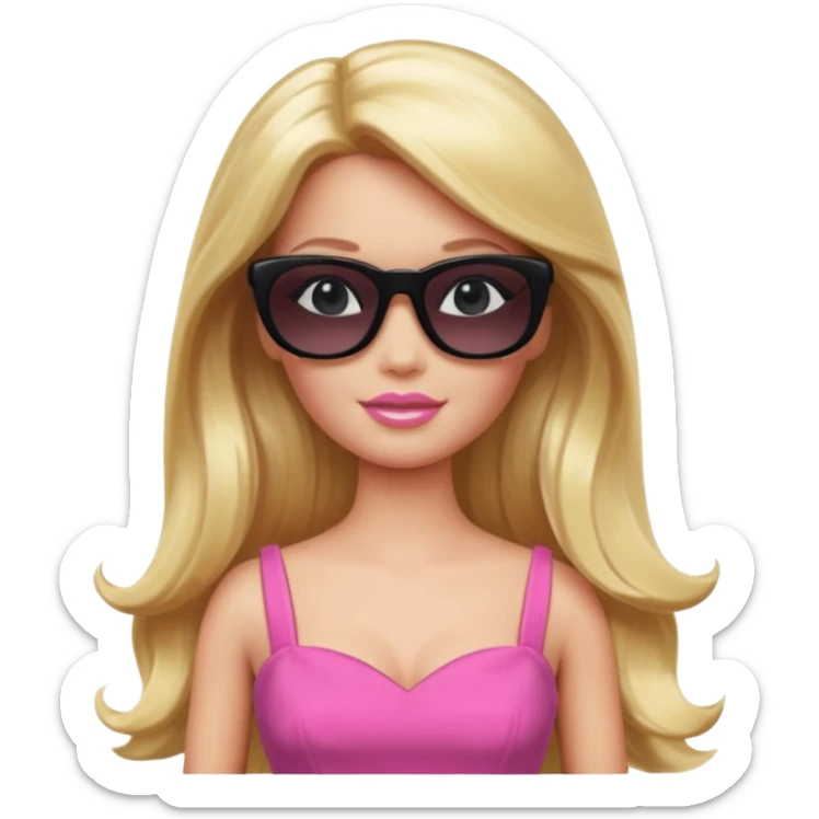 barbie with long blonde hair wear black sun glasses, pink dress sticker