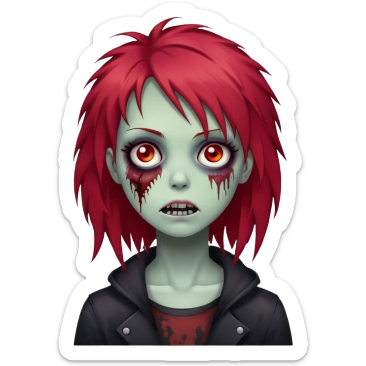 zombie girl with red shaggy hair, medium length, emo look, dark and creepy sticker
