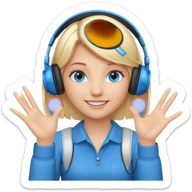 girl with blonde hair and blue eys, having on ears heaphones, with heands telling what  sticker