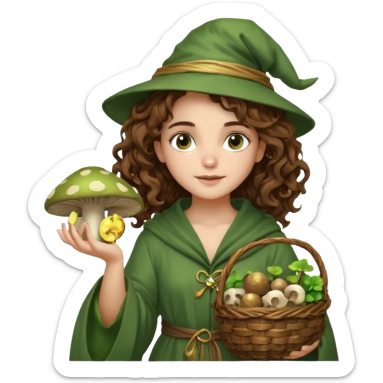 very beautiful italian girl, looking like Emma Watson, with curly and big volume very bright brown hair, and a golden piercing ring in nose on left side, dressed in a beautiful wizard robe of green colors, with basket of mushrooms sticker