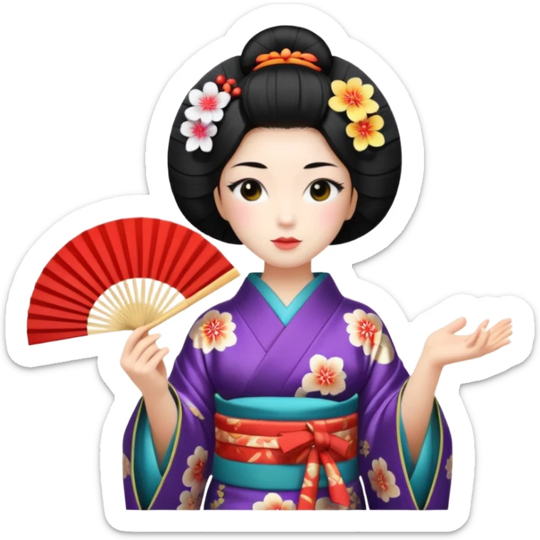 a traditional geisha japanese woman wearing a kinono holding a folding fan elegantly sticker