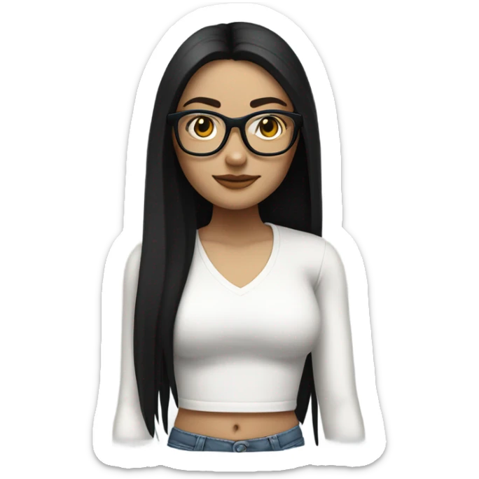 White girl with long straight black hair wearing a white crop top and glasses full body sticker