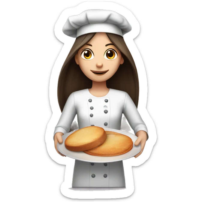Brunette long straight hair girl holding plate in a cook hat sticker