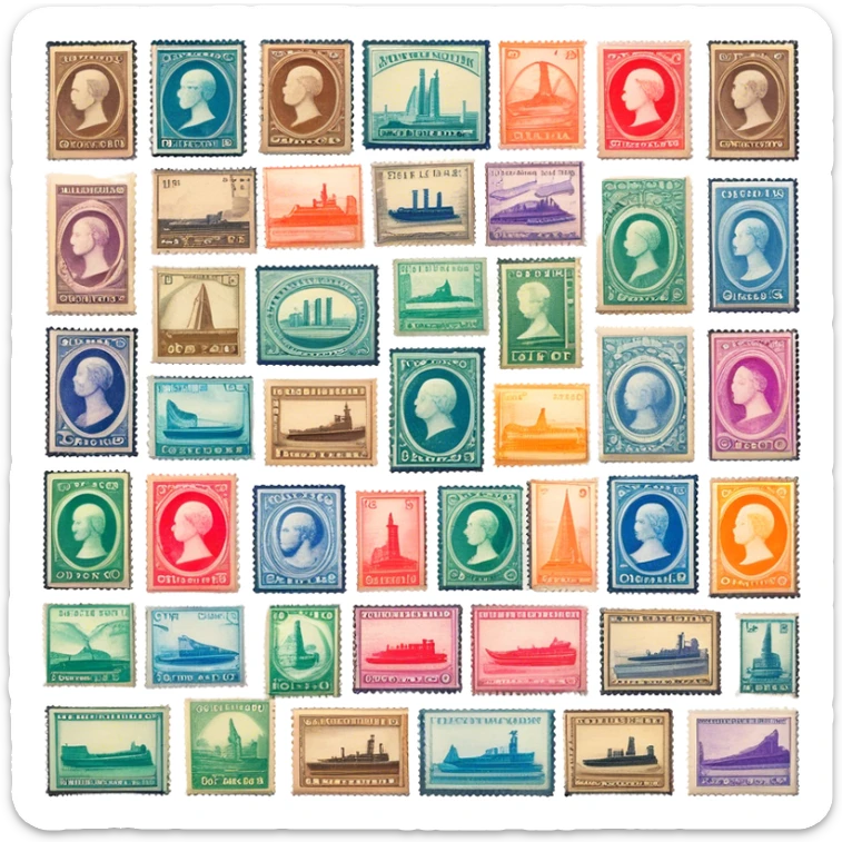 Icon for Stamp Collecting: a collection of vintage and colorful stamps arranged in an album or on a desk, with a large stamp block in the center showcasing different themes. The icon should reflect the charm and history of philately. Transparent background. sticker