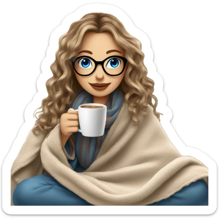 Balayage hair Girl drinking coffee, with a cozy blanket wearing glasses with blue eyes beautiful  sticker