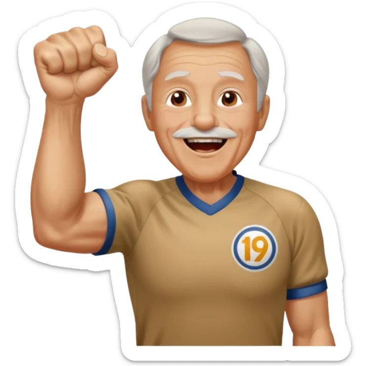 A grandpa in a vintage jersey, pumping his fist and shouting proudly. sticker