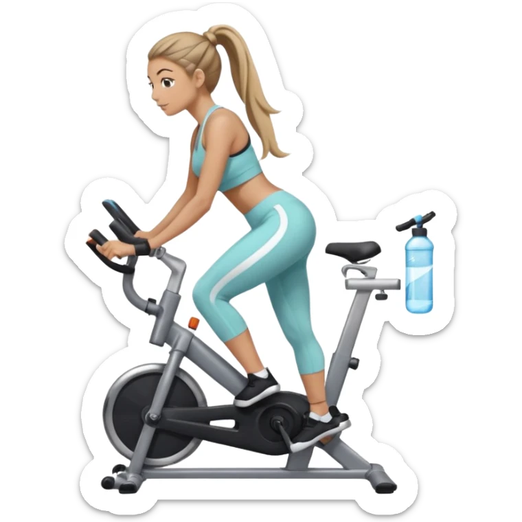 woman with long hair tied up in ankle-length leggings on a stationary bike sticker