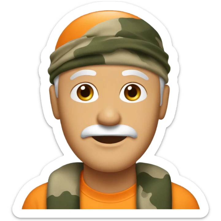 Old white man with stubble facial hair. Wearing a orange shirt and camouflage doorag sticker