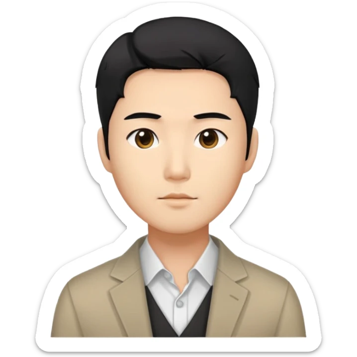 A Korean man with neat black hair, wearing a modern outfit sticker