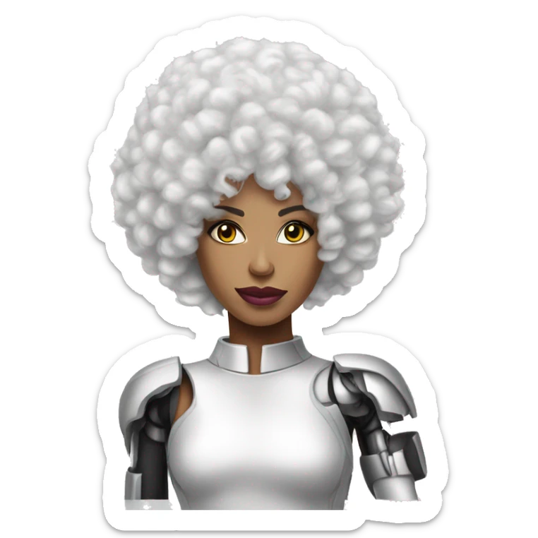 Can you make me an emoji that looks like a cyborg ruPaul with a white afro? I need it to look like a robot/ human combo sticker
