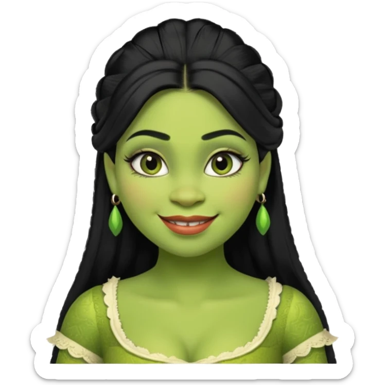 A beautiful girl Shrek, who has big eyelashes and had black hair. She has some makeup on too. She is dressed very very trendy. And she is smilingl. sticker