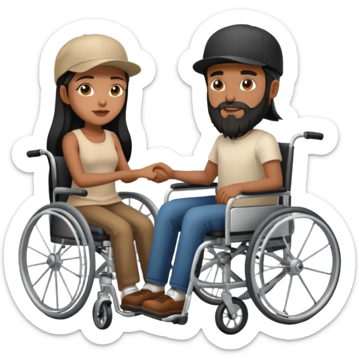 Beige skin man with a beard and cap in a wheelchair and a brown skin woman with long black hair in a wheelchair  sticker