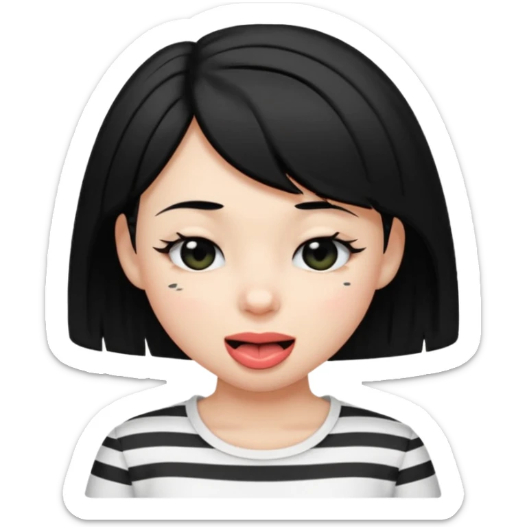 Black-haired girl, short to the neck, wearing white shirt with black stripes, With his head sideways, winking one eye, and sticking out his tongue  sticker
