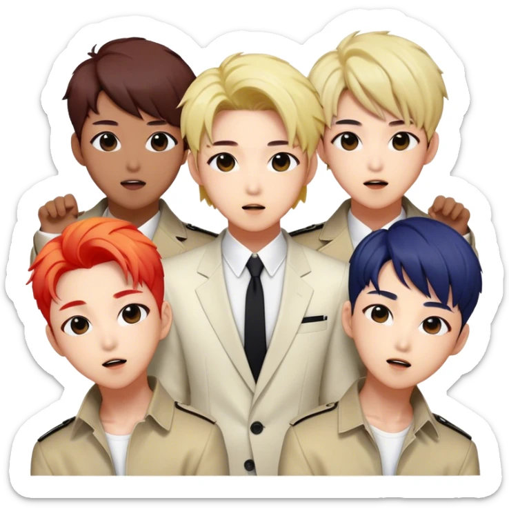 Cinematic Realistic BTS Portrait Emoji, depicted as a dynamic energetic portrayal of the global K-pop group with stylish modern attire and vibrant expressions, rendered with rich textures and bold contemporary lighting that captures their youthful charisma. sticker